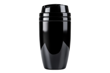 Shiny black protein shaker bottle with closed flip cap on transparent background