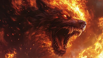 A ferocious, fire-breathing wolf creature roaring in flames.