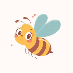 Adorable cartoon bee with big eyes and tiny hearts around it. Perfect for children’s decor, stickers, greeting cards, and baby designs.