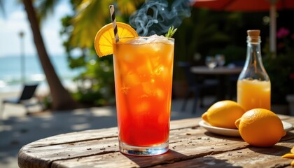 Themed Background Incorporate themed backgrounds like a beach or a barbecue setting, suggesting occasions for enjoying the drink.