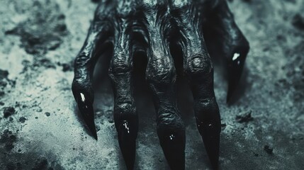 A grotesque, clawed hand reaching from a dark, gritty surface.