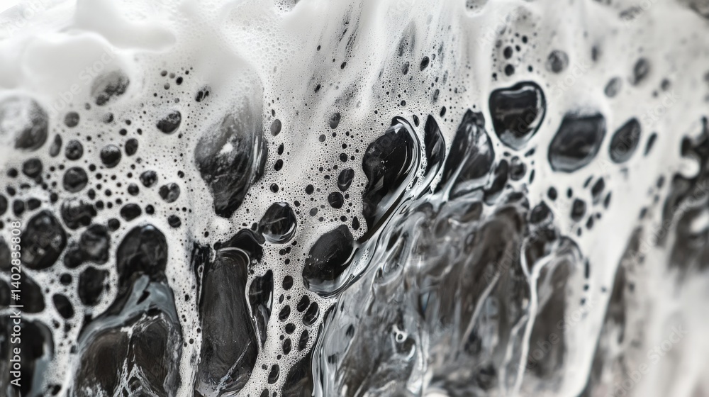 Poster close-up of black and white soap bubbles creating a textured, abstract surface with reflections