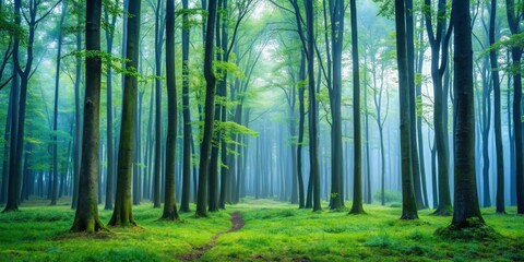 Naklejka premium Serene Woodland Path Enveloped in Misty Morning Light, a Tranquil Escape into Nature's Embrace