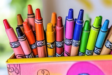 Colorful crayons neatly arranged in a bright container capturing the essence of childhood creativity