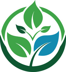 logo design with green leaves and blue waves in circular shape symbolizing sustainability, nature, and clean energy