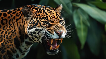 Obraz premium A jaguar's fierce expression in a jungle setting.