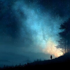 Starry Night Solitude: A lone figure silhouetted against a breathtaking vista of a star-filled night sky, misty landscape, and dark trees.  The scene evokes a sense of wonder, peace.
