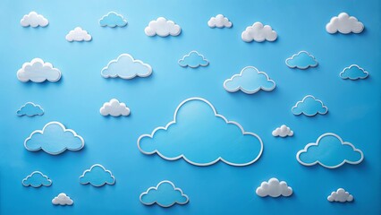 Fototapeta premium A serene sky depiction featuring numerous stylized clouds, varying in shades of blue and white, arranged against a solid azure backdrop.
