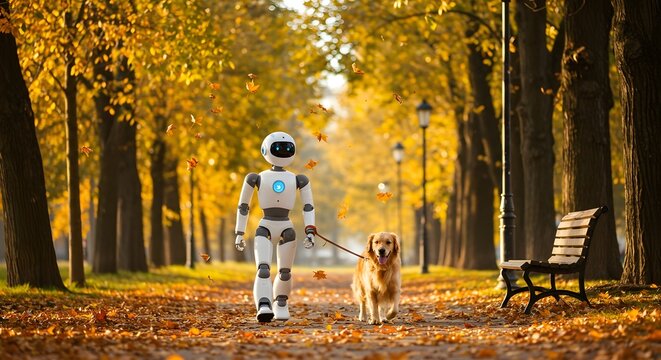 Humanoid Robot Walking Dog in Autumn Park