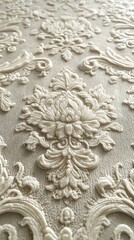 Elegant Cream Fabric Mobile Wallpaper Embossed Floral Patterns & Decorative Swirls | HD Vertical Background


