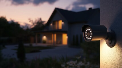 Security camera monitoring illuminated suburban house at dusk