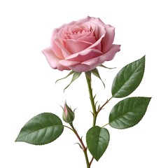 Single Pink Rose with Bud and Leaves