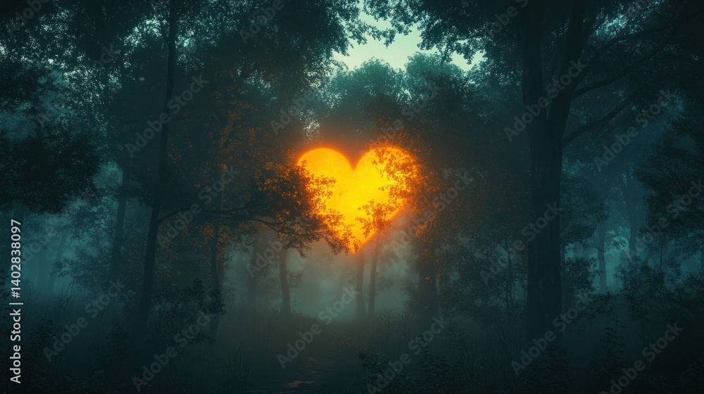 Poster a glowing heart shape appears within a foggy forest setting
