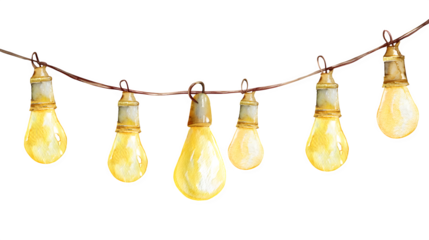 Watercolor fairy light string with warm yellow bulbs, soft glow, isolated on white background