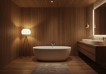 A modern bathroom featuring a freestanding tub sink vanity mirror and a floor lamp in a wood paneled room