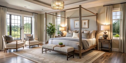 Serene Master Bedroom Sanctuary with Four-Poster Bed, Plush Textiles, and Natural Light
