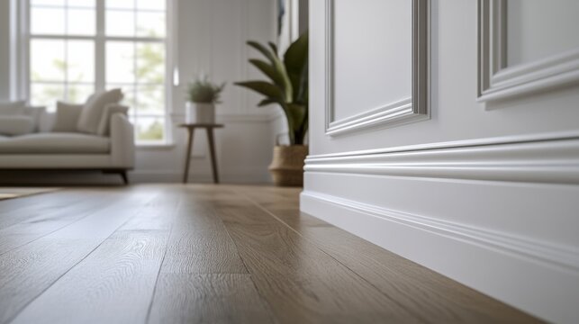 Carpenter installing baseboards in a living room. Featuring finishing touches and home d��cor