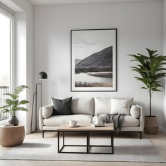 Modern Scandinavian Living Room Interior with Lake View Artwork