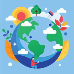 Naklejka premium colorful vector illustration of earth surrounded by trees, sun, clouds, and eco-friendly elements promoting environmental awareness