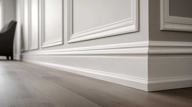 Carpenter installing baseboards in a living room. Featuring finishing touches and home d��cor