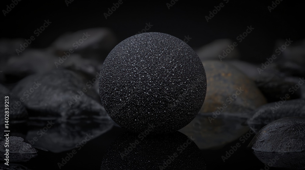 Poster a 3d rendering of a black sphere with a textured surface, surrounded by smaller spheres and rocks.