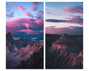 Sky frayed lighting, deep azure and darkening magenta clouds, shadows covering half the sky. Shadows befall mind's destruction. Celestial grandiosity. Striking angle, maximum visual interest. 16k phot