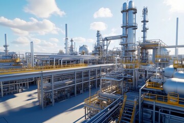 Industrial plant with pipelines and towers under a clear blue sky during daytime