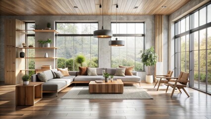 Fototapeta premium Modern minimalist living room design with expansive windows, showcasing a comfortable sectional sofa, wooden coffee table, and natural wood accents