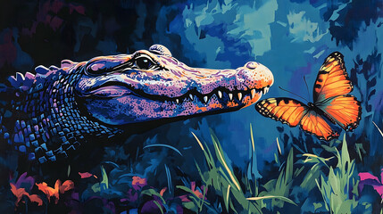 A vibrant painting of an alligator and a butterfly in a lush, colorful swamp.