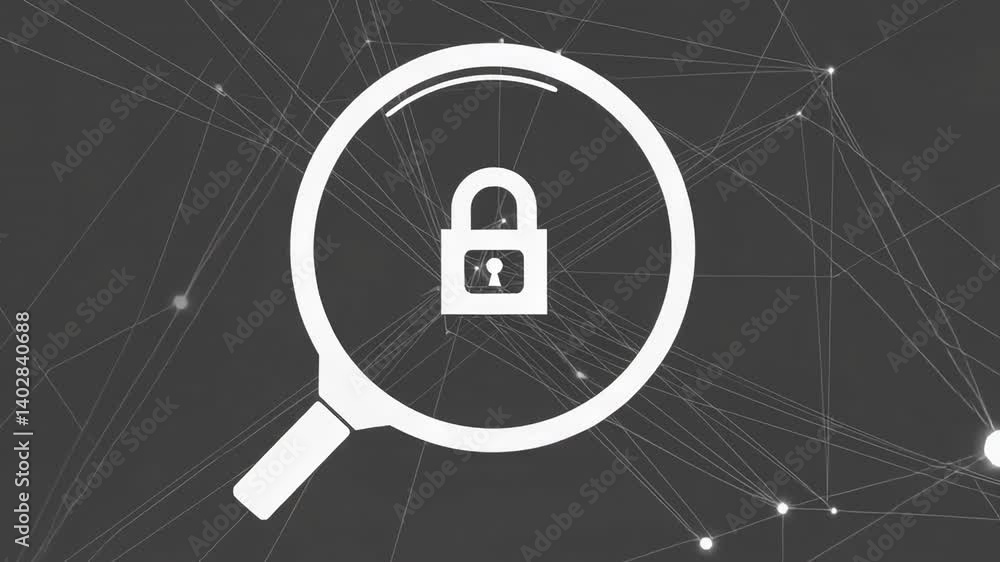 Poster white magnifying glass focuses on a white lock icon against a dark gray background with white networ
