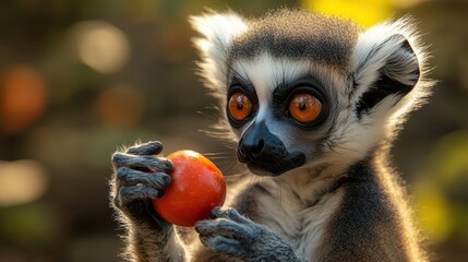 A ring-tailed lemur delicately holding a juicy orange fruit.