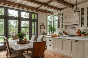 Open-concept farmhouse kitchen with shiplap walls, white oak flooring, rustic beams, large dining table, tea time chairs, green accents, and natural light.
