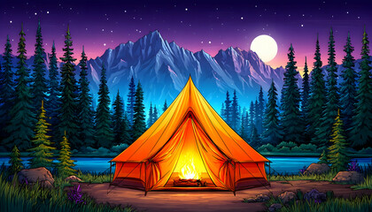 Night camping scene with tent, campfire, and mountains