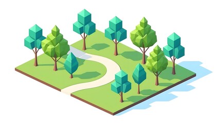 Isometric Low Poly Park with Winding Path and Trees