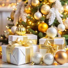 Merry christmas white and gold gifts box subtle lighting gold ribbons baubles and christmas tree