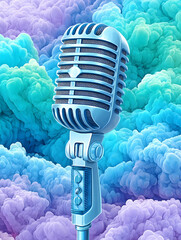 Retro microphone amidst vibrant pastel smoke