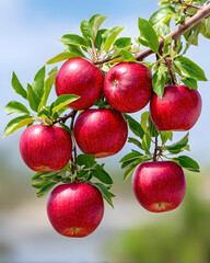 Obraz premium Ripe red apples on a branch against a bright blue sky
