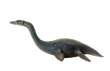 Detailed toy replica of a plesiosaur, an ancient marine reptile, isolated on a white background