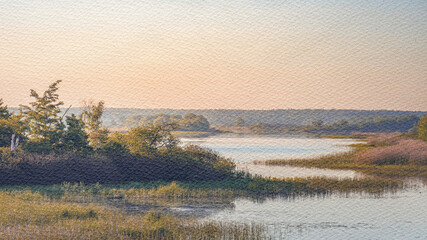 Fototapeta premium Painting of a lake with trees in the background