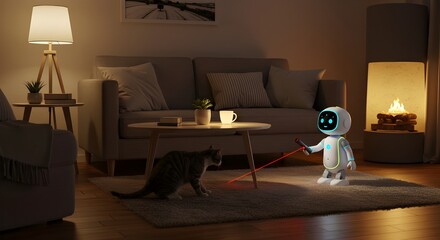 Cute Home Robot Playing with Cat Using Laser Toy