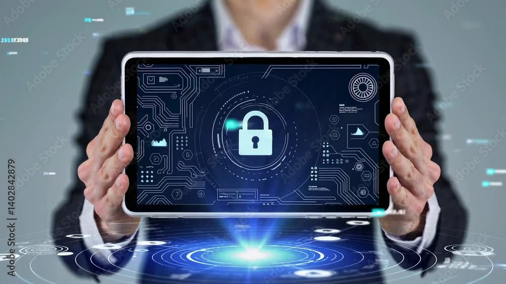 Poster Businessman in suit holding a tablet displaying a secure login screen with padlock icon, binary code, and data flow, representing digital security and encryption