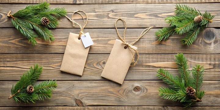 Rustic Wooden Background Featuring Two Blank Kraft Paper Gift Tags Adorned with Twine and Accompanied by Fresh Evergreen Sprigs and Pine Cones for a Festive, Natural Presentation