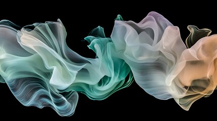 Fototapeta premium A beautifully flowing abstract design featuring delicate layers of translucent fabric in soft shades of green, turquoise, and hints of peach transitioning smoothly