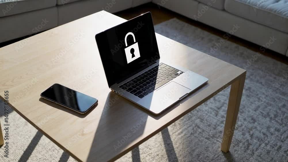Fototapete sunlight illuminates a wooden table with a laptop displaying a lock icon on its screen, symbolizing 