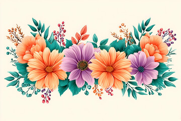 Obraz premium Vibrant floral arrangement with peach, purple flowers and teal leaves