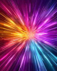 Obraz premium Vibrant light rays burst from central point, radiating outwards in a colorful explosion