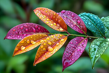 Vibrant leaves with dew drops