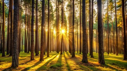 Obraz premium Golden Hour Sunlight Filtering Through Tall Pine Trees in a Lush Forest