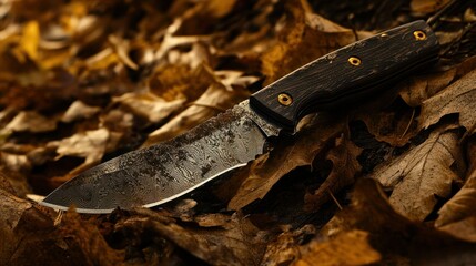 A detailed close up photograph of a steel knife on leaves