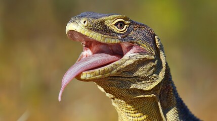 Obraz premium Close-up of a lizard with its mouth wide open and a long pink tongue.